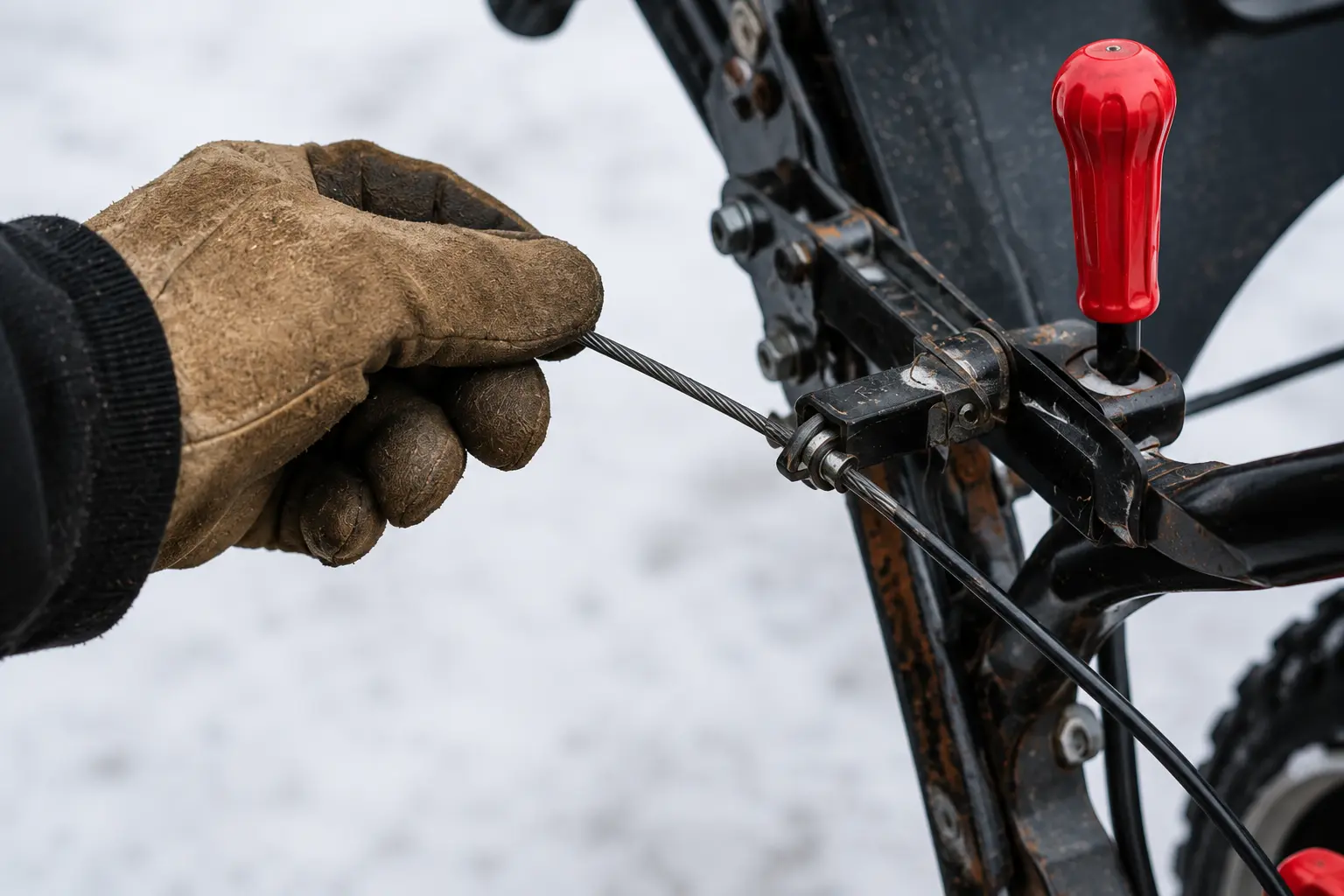 Gloved hand pulling the auger engagement cable on a snowblower, showing the cable attachment point and lever mechanism