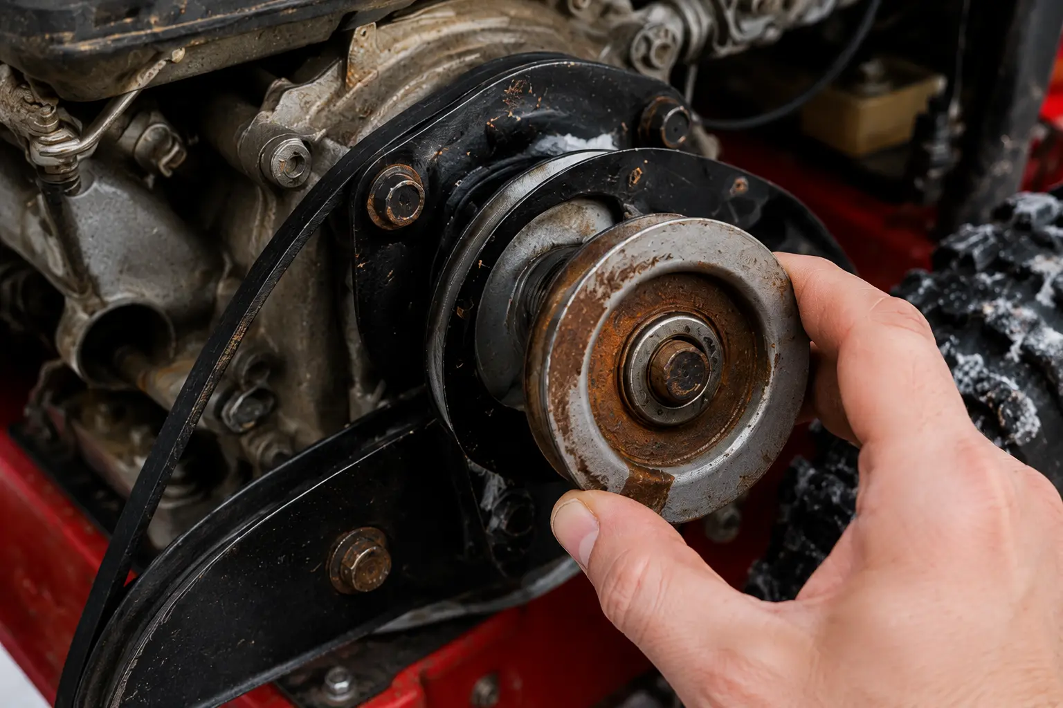Hand holding a worn snowblower idler pulley showing rust and wear, with the drive belt visible around it on a red snowblower engine