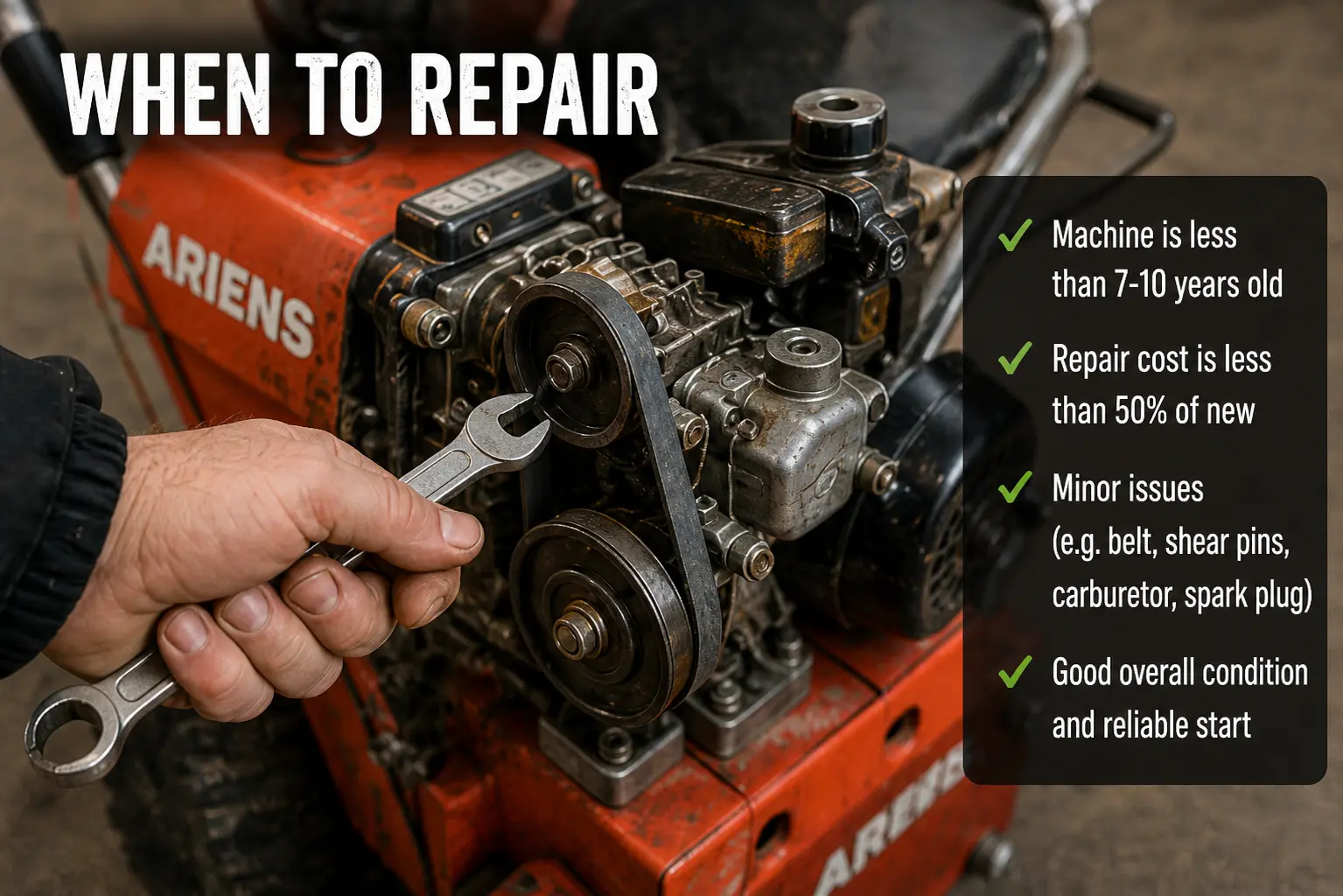 Ariens snowblower engine with hand holding wrench beside checklist of repair indicators including age under 10 years and minor issues