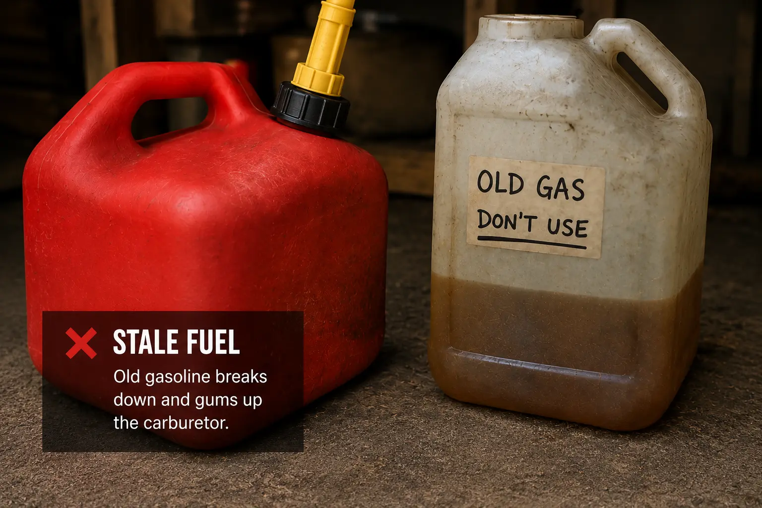 Two gas cans labeled "Old Gas Don't Use" and marked "STALE FUEL" illustrating the degraded fuel left behind after a season of storage