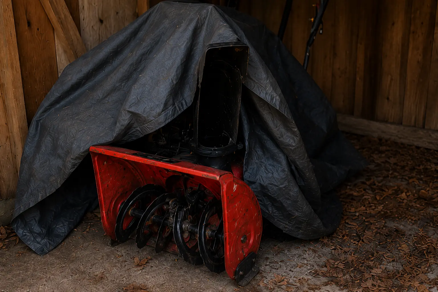 Snowblower stored under a plastic tarp in a shed, showing improper off-season storage that traps moisture and accelerates corrosion
