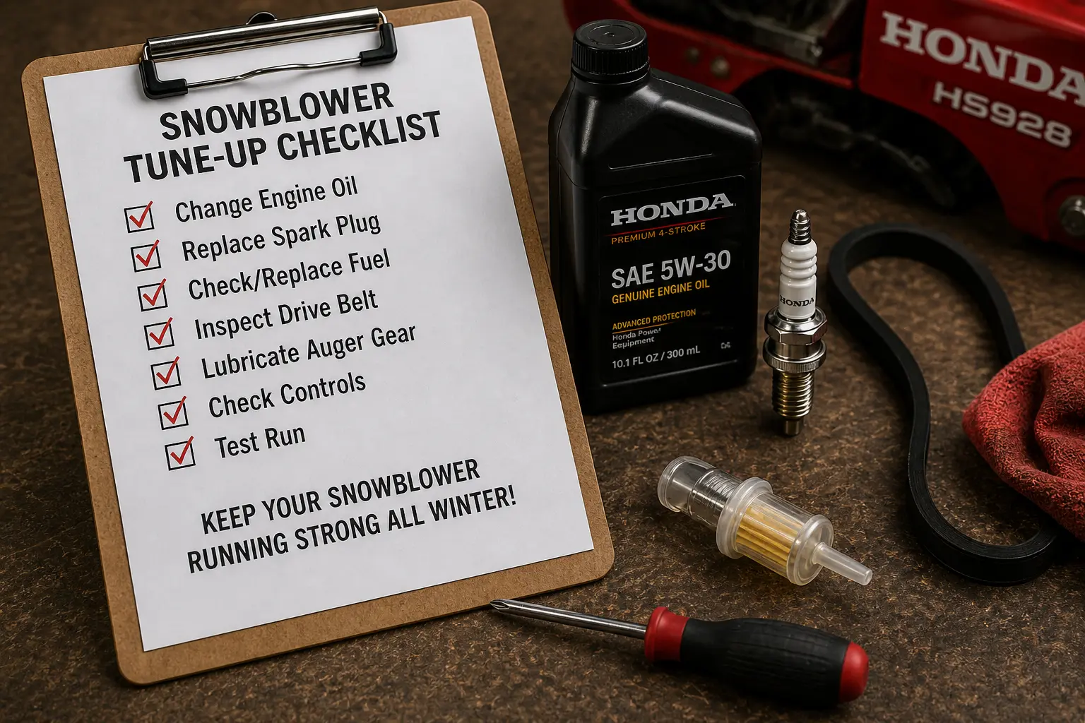 Snowblower tune-up checklist clipboard beside Honda 5W-30 oil, spark plug, drive belt, and fuel filter on a workbench