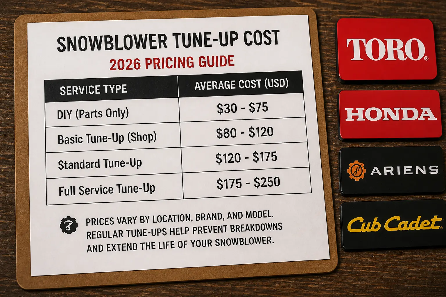 Snowblower tune-up 2026 pricing guide showing DIY parts-only through full-service cost ranges with Toro, Honda, Ariens, and Cub Cadet brand labels