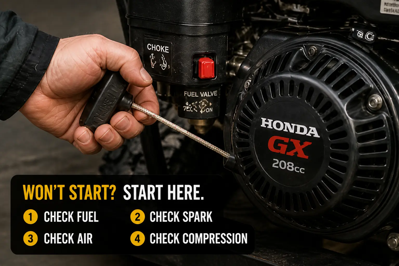 Hand pulling Honda GX 208cc recoil starter cord with choke lever and fuel valve visible on snowblower engine