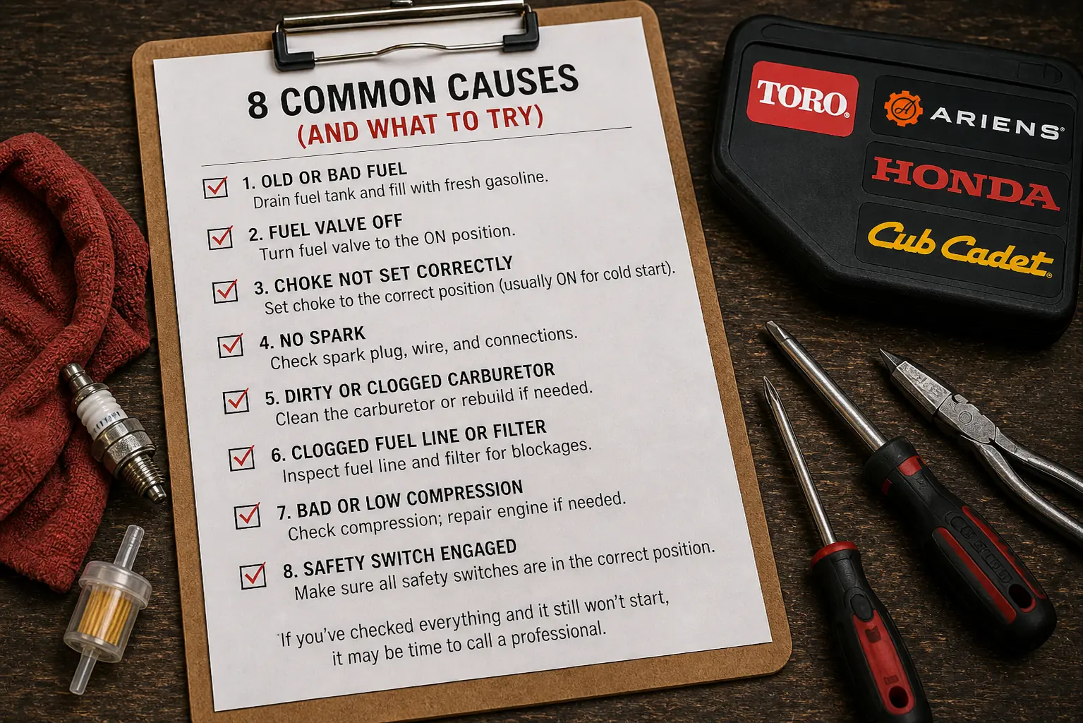 Clipboard listing all 8 common snowblower no-start causes with spark plug, fuel filter, screwdrivers, and Toro Ariens Honda Cub Cadet brand box beside it