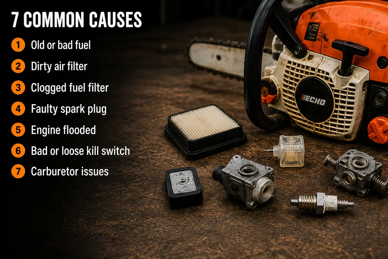 Infographic listing 7 common Stihl chainsaw issues including old fuel, dirty air filter, clogged fuel filter, faulty spark plug, flooded engine, bad kill switch, and carburetor problems