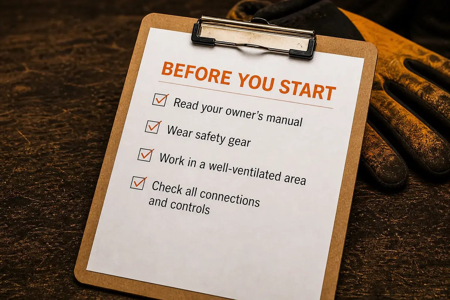 Safety checklist clipboard for chainsaw repair with reminders to read manual, wear safety gear, work in ventilated area, and check controls before starting