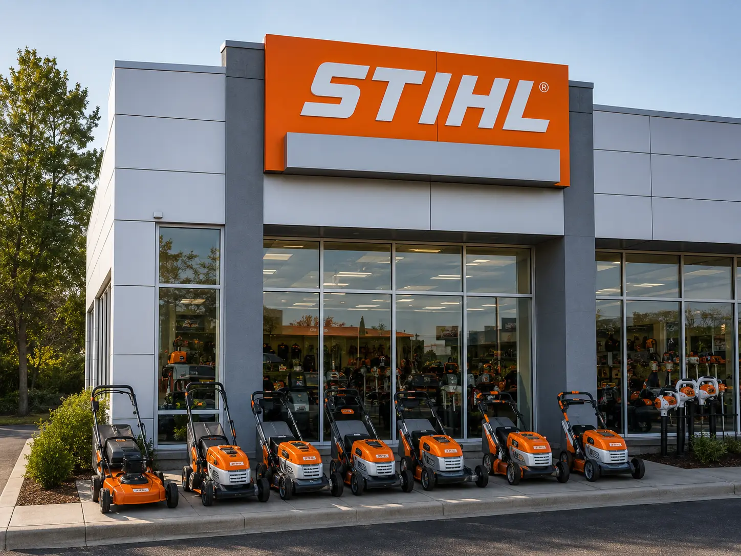 Exterior of an authorized Stihl dealer with orange Stihl signage and a row of Stihl mowers displayed outside