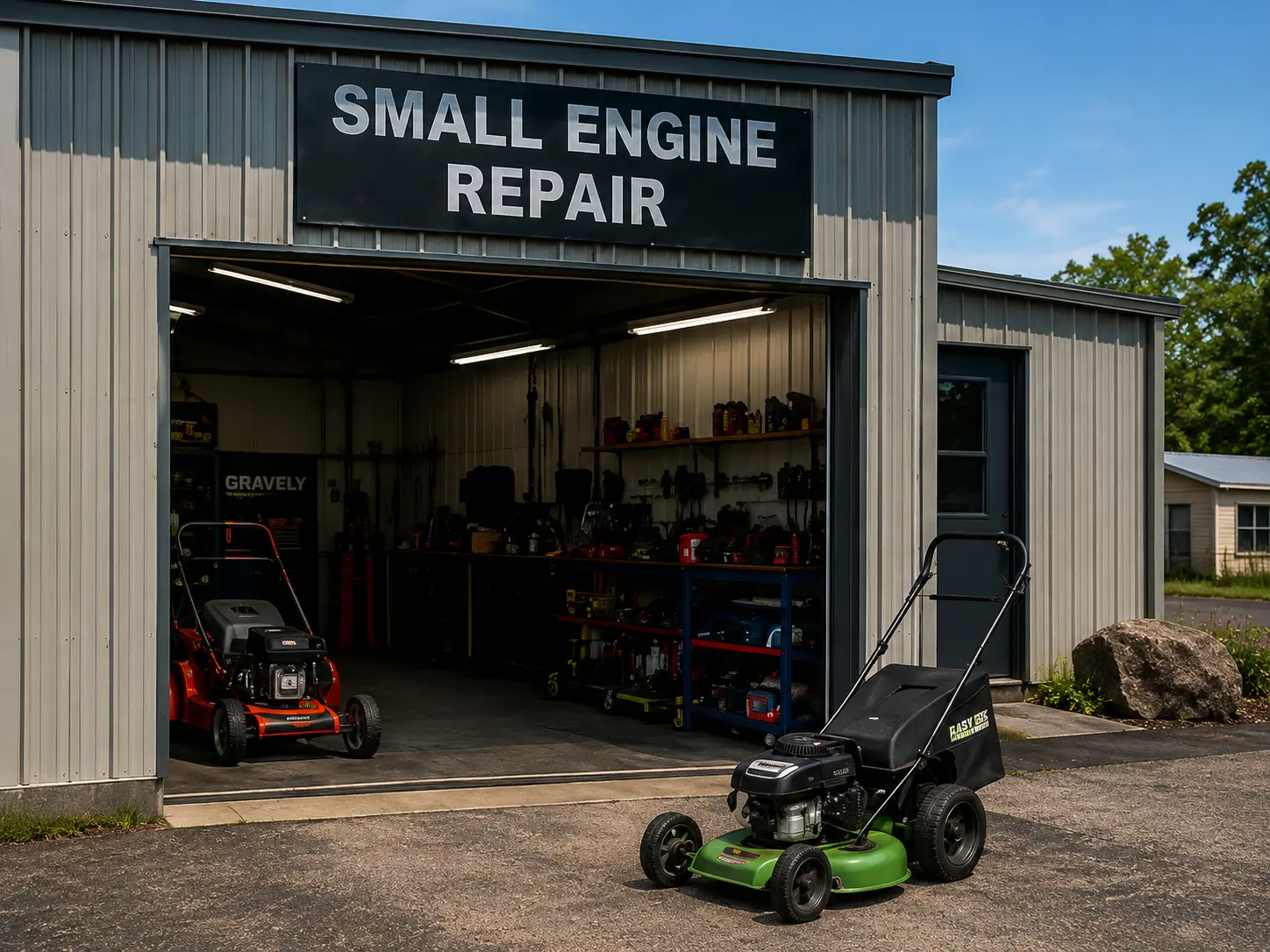Independent small engine repair shop with open bay, lawn mowers outside, and organized parts shelving visible inside