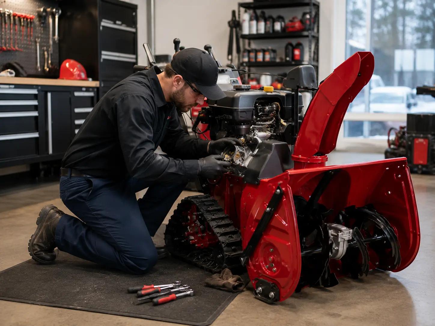 Mechanic kneeling beside red Toro track-drive two-stage snowblower with hood open for engine service