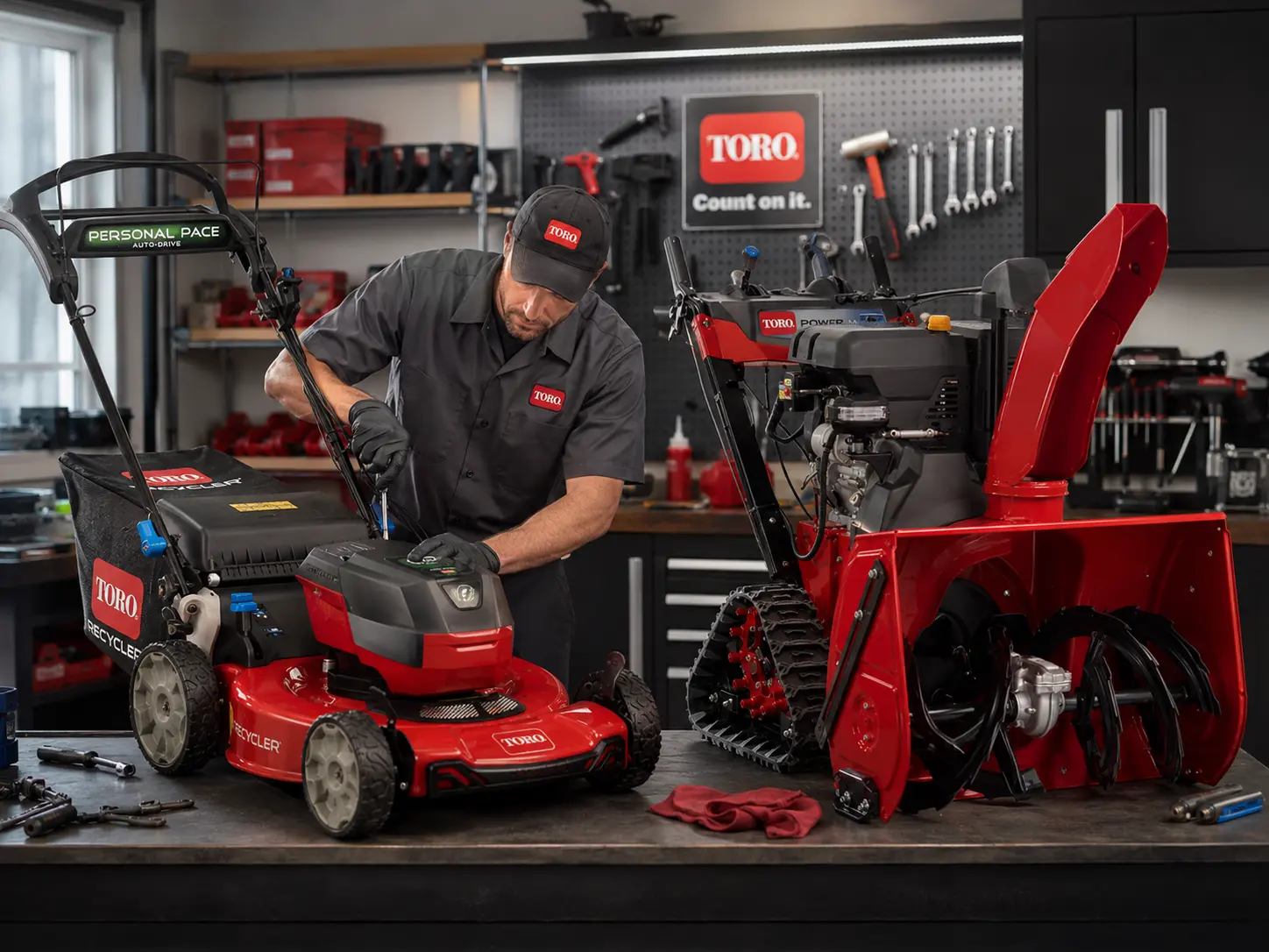 Toro authorized technician servicing Toro Recycler mower alongside Toro snowblower in branded service shop