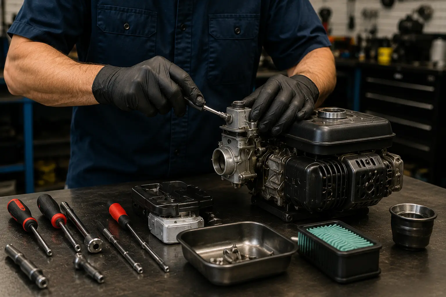 Gloved mechanic hands servicing a small engine carburetor on a workbench with screwdrivers, parts tray, and air filter laid out