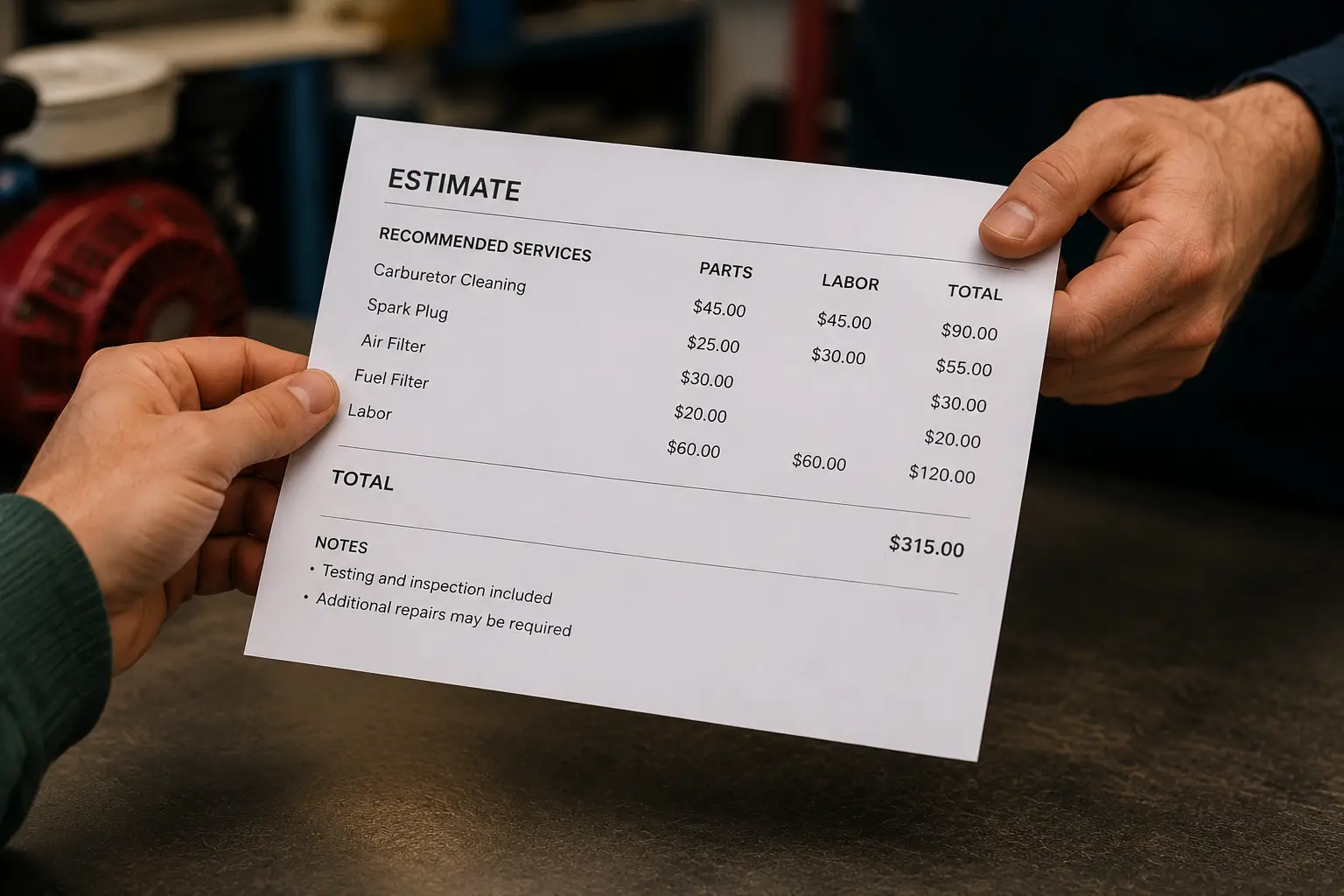 Two hands exchanging a repair estimate sheet itemizing carburetor cleaning, spark plug, air filter, fuel filter, and labor with a total of $315