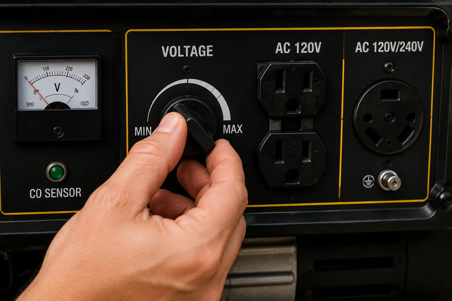 Hand adjusting voltage output knob on generator control panel with voltmeter gauge