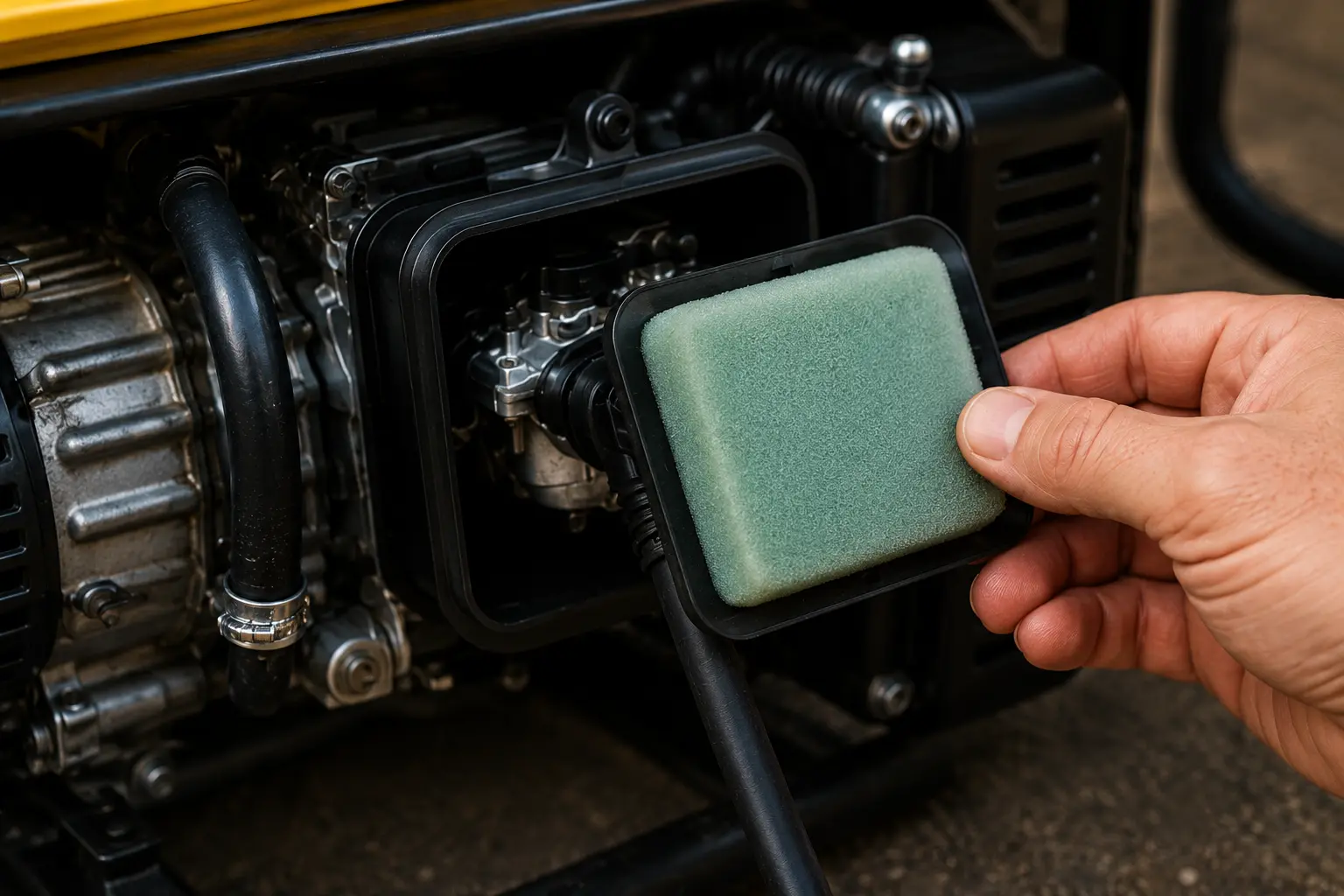 Hand removing green foam air filter from generator engine for inspection or replacement