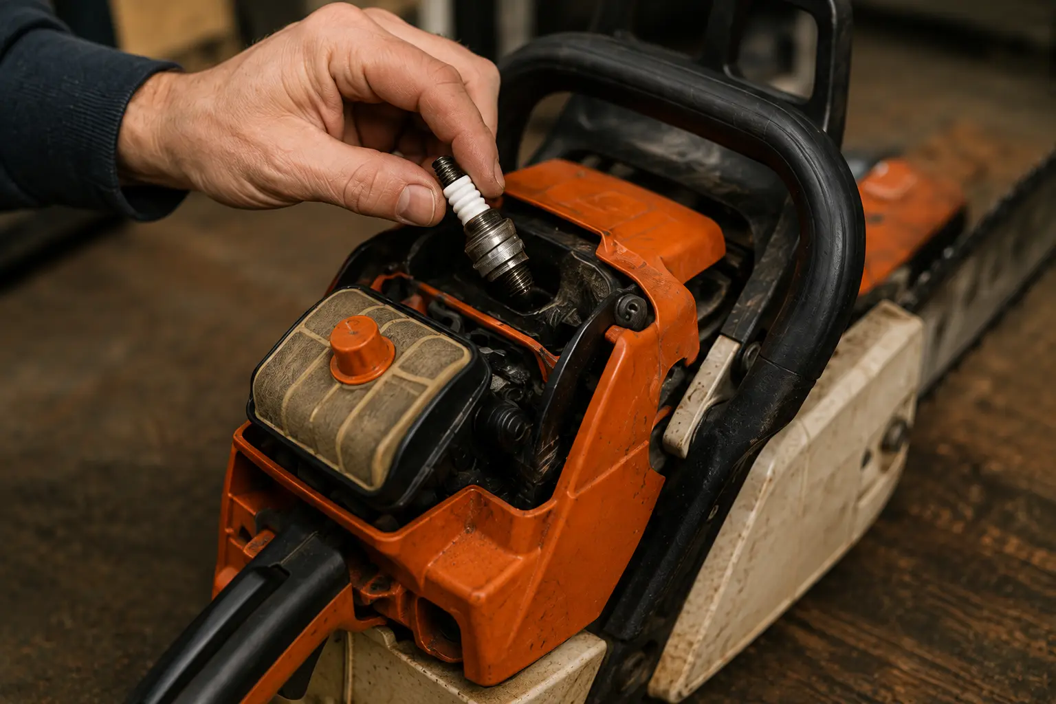Hand removing spark plug from orange chainsaw engine during diagnostic inspection
