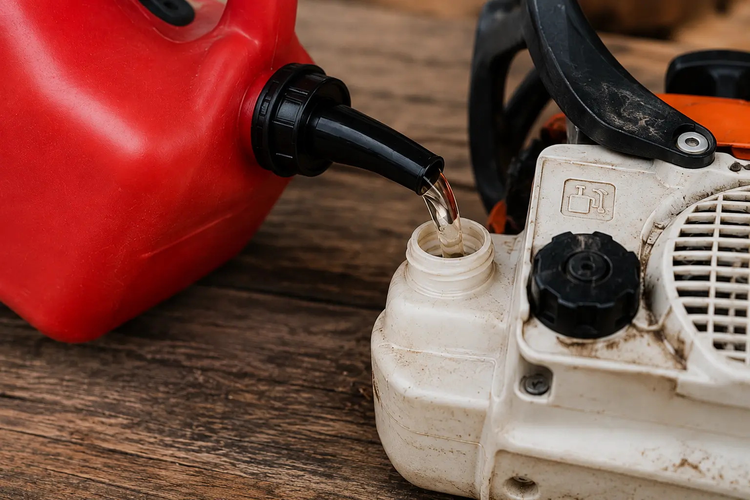 Red gas can refueling chainsaw fuel tank with fresh two-stroke mix