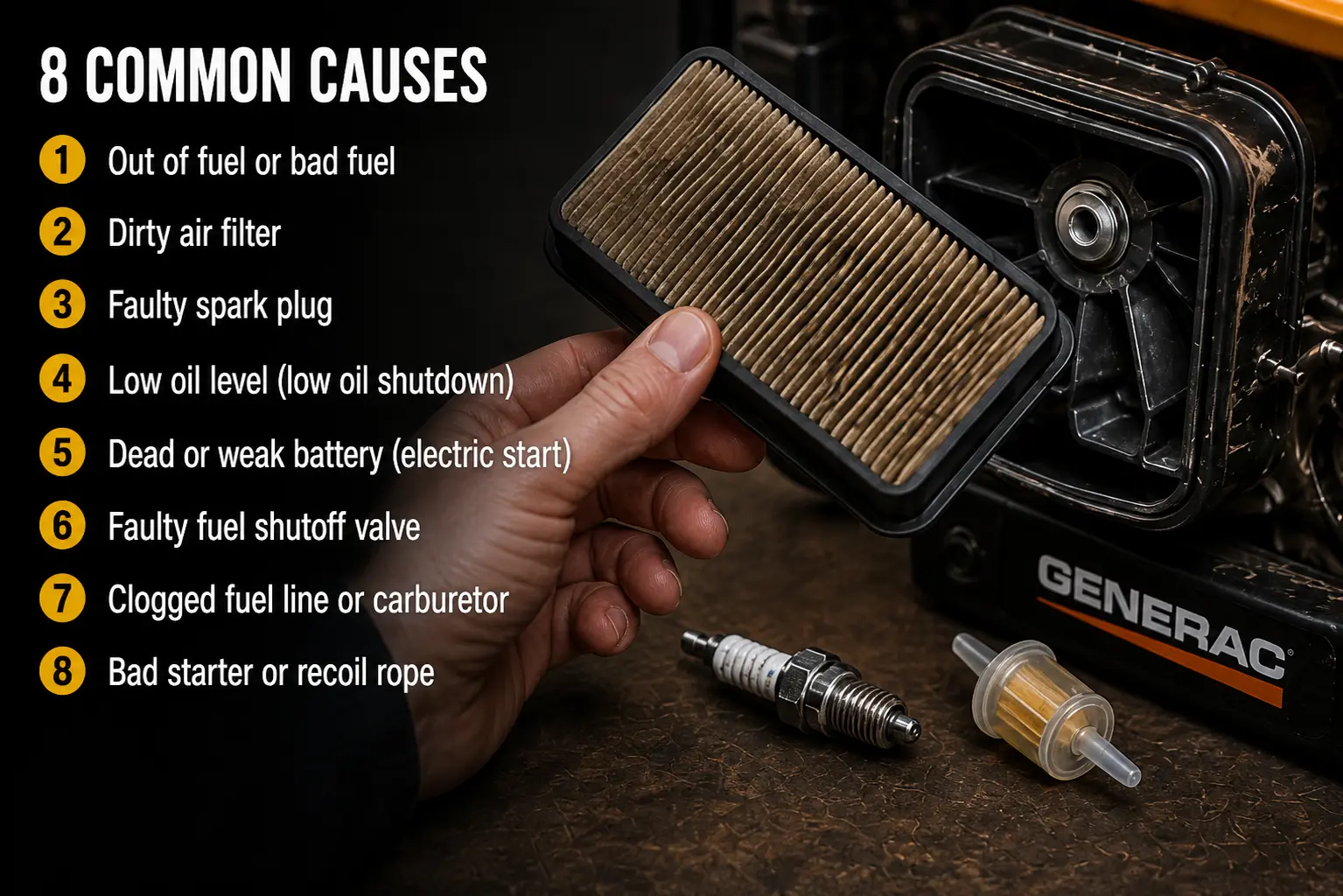 Hand holding dirty air filter element beside Generac generator with all 8 common no-start causes listed including fuel, spark plug, and carburetor
