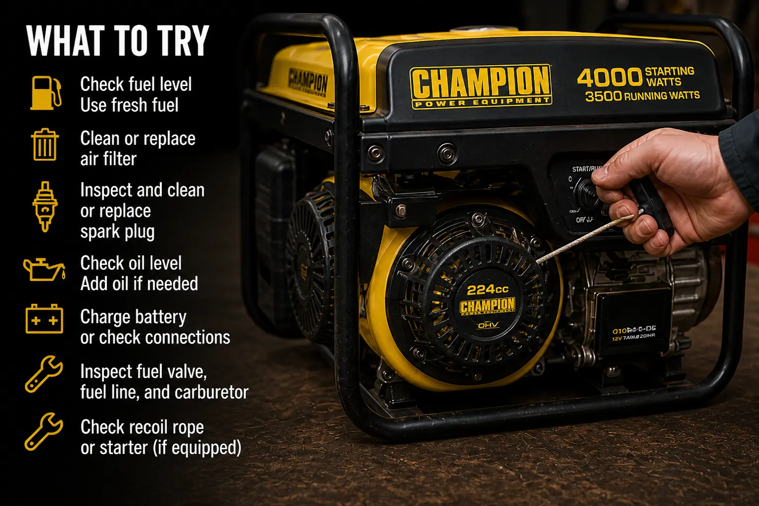 Hand pulling recoil cord on Champion 4000W generator with troubleshooting checklist covering fuel, air filter, spark plug, oil, battery, and carburetor checks