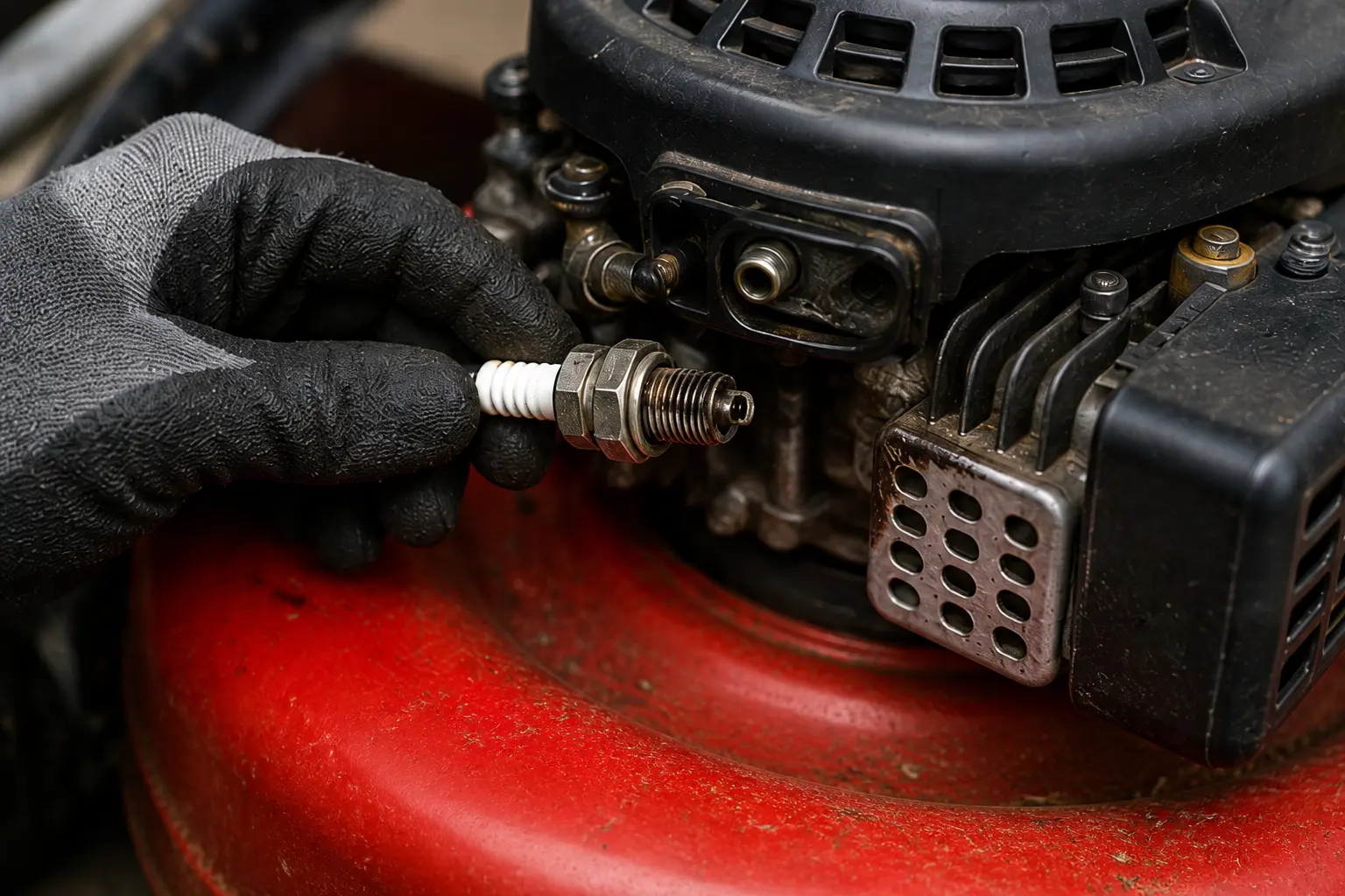 Gloved hand holding a spark plug next to a red lawn mower engine, showing the spark plug location and condition check