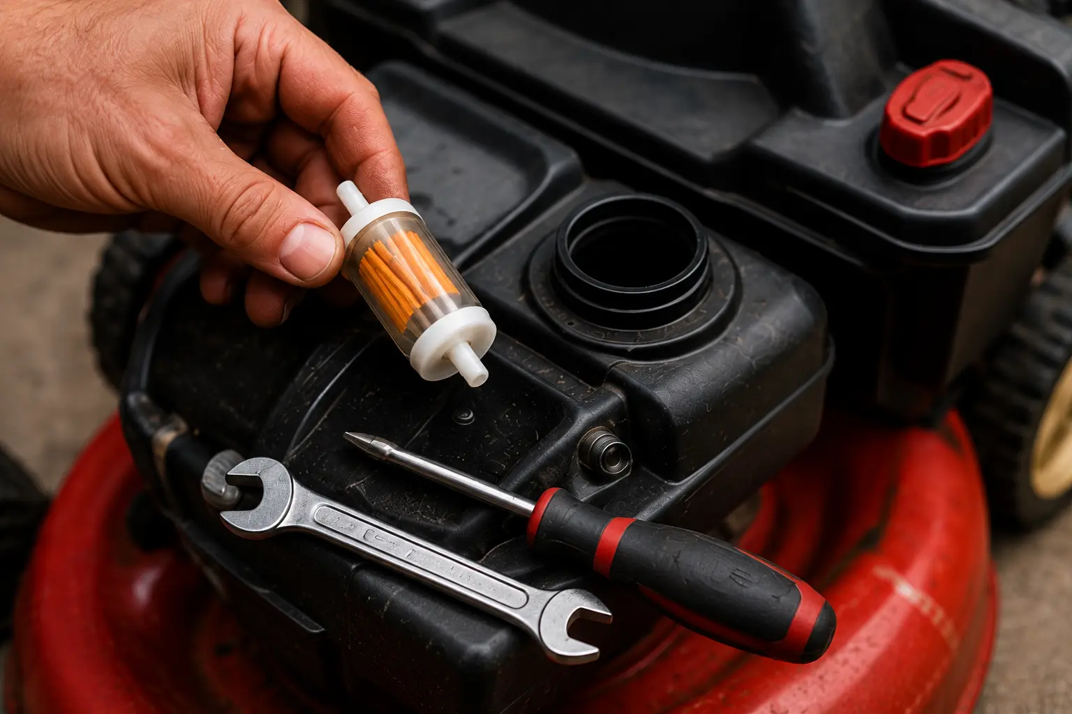 Hand holding an inline fuel filter near a lawn mower fuel tank with a wrench and screwdriver, showing a common fuel system service item