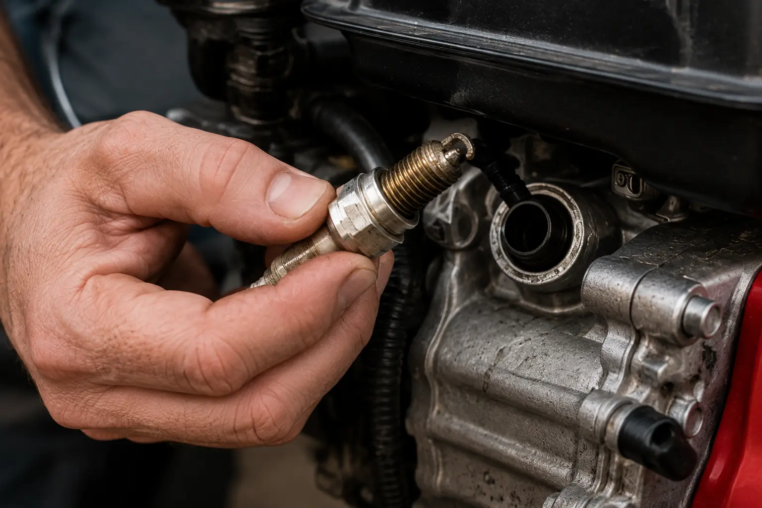 Hand removing a fouled spark plug from a small engine on a gas pressure washer