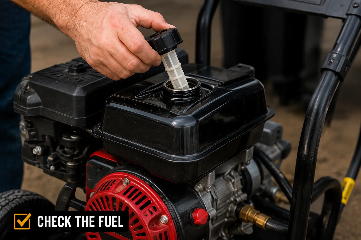 Hand pulling a fuel filter strainer from the fuel tank of a gas pressure washer to check for clogs