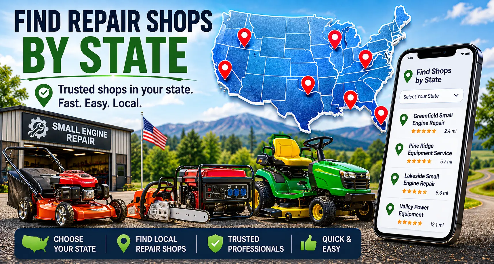 US map with location pins showing small engine repair shops near a repair shop, with lawn mower, chainsaw, generator, and riding mower in foreground