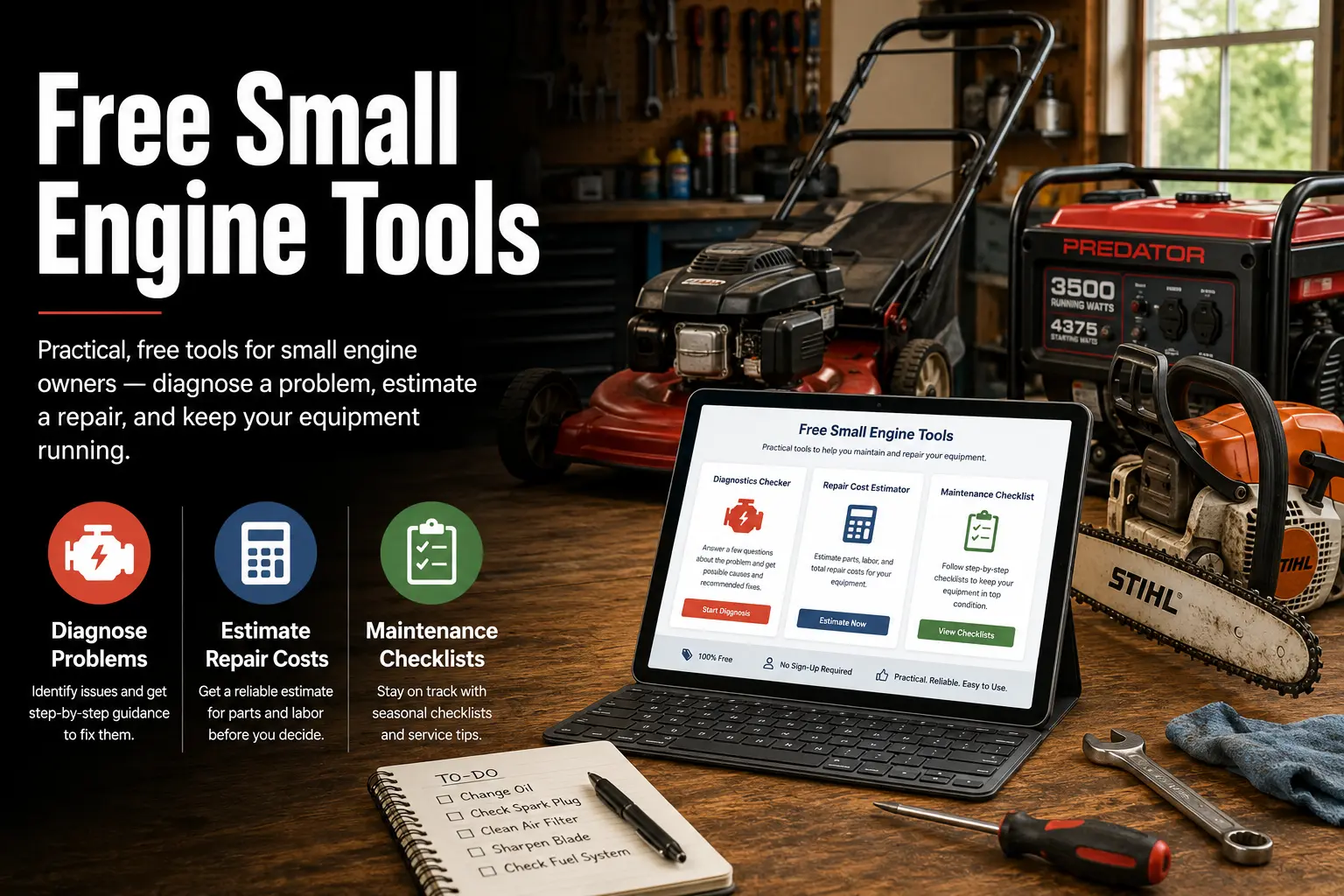 Tablet showing free small engine tools alongside a lawn mower, Stihl chainsaw, and generator in a repair shop